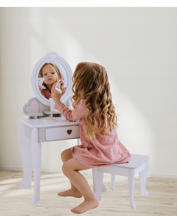Drewniana toaletka dla dziewczynki z krzesełkiem lustro akcesoria szuflada