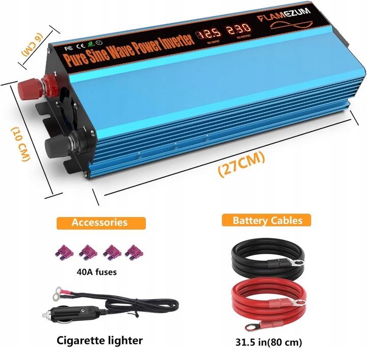 Przetwornica FLAMEZUM 1000/2000 W z 12 V/230 V czysta sinusoida 2xUSB 1x230