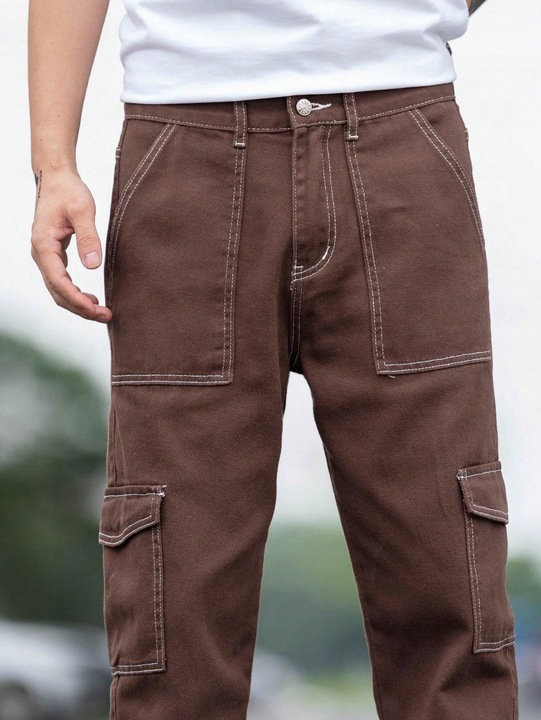 JEANSY MĘSKIE KONTRASTUJĄCY SZEW BRĄZOWE SHEIN M