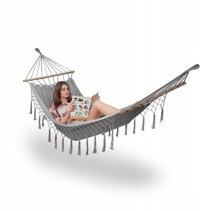 HAMAK OGRODOWY z DRĄŻKIEM fędzle BOHO huśtawka 120kg +TORBA LINY GRATIS