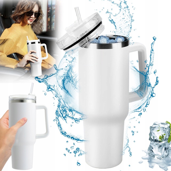 DUŻY KUBEK TERMICZNY Z UCHWYTEM I SŁOMKĄ TERMOS DUŻY 1200ML BIAŁY