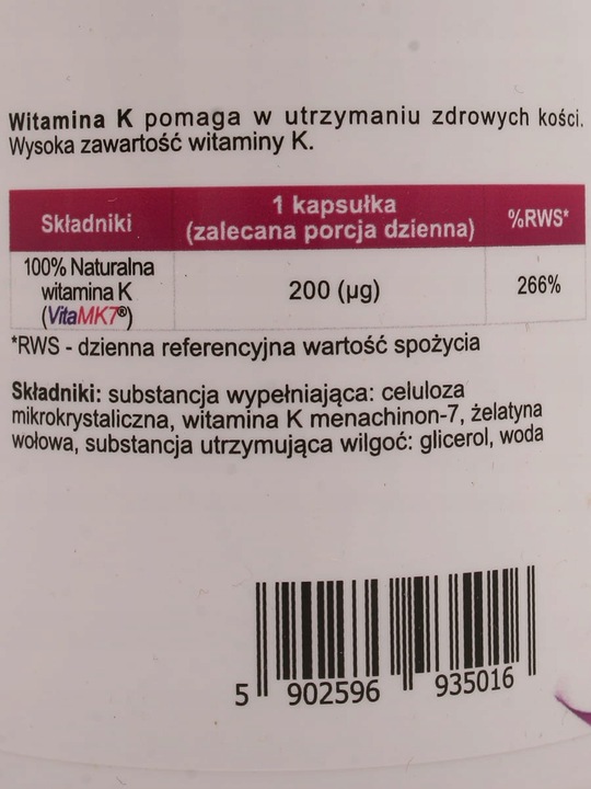 Aliness Witamina K2 z natto MK-7 200µg KOŚCI NACZYNIA KRWIONOŚNE 60kap