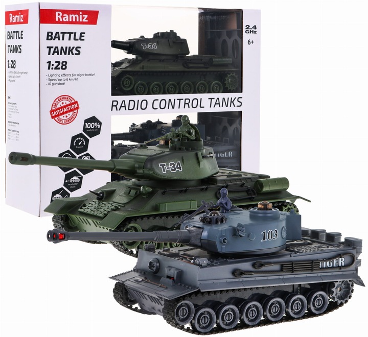DUŻY ZESTAW Bitwa CZOŁGÓW Na Pilota R/C 2w1 Tiger Vs T-34 1:28 Dźwięki