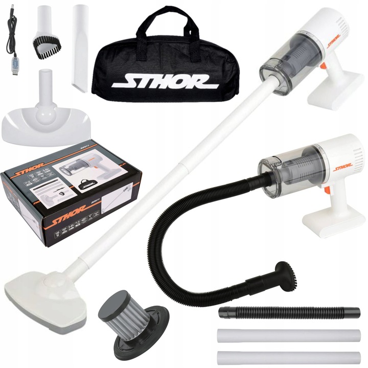 BEZPRZEWODOWY ODKURZACZ SAMOCHODOWY RĘCZNY 100W +NASADKI BEZWORKOWY STHOR