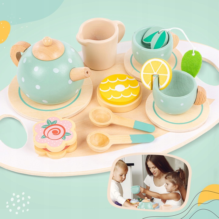 DREWNINAY ZESTAW DO HERBATY DLA DZIECI KINDERPLAY AKCESORIA + TACA