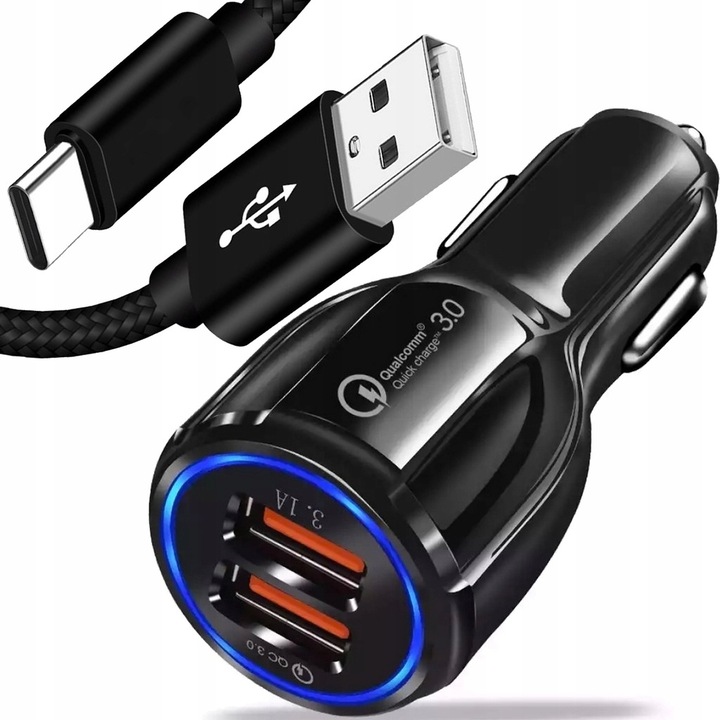 ŁADOWARKA SAMOCHODOWA ZASILACZ USB SZYBKA MOCNA 3.0 + Kabel usb TYP C