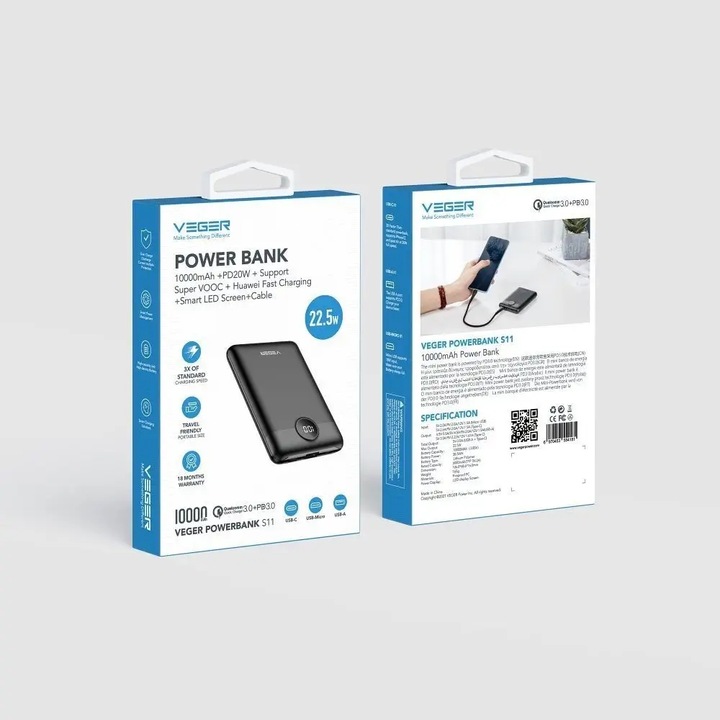 Powerbank VEGER S11 mały lekki 10000mAh 22,5W LCD QC PD20W USB USB-C +kabel