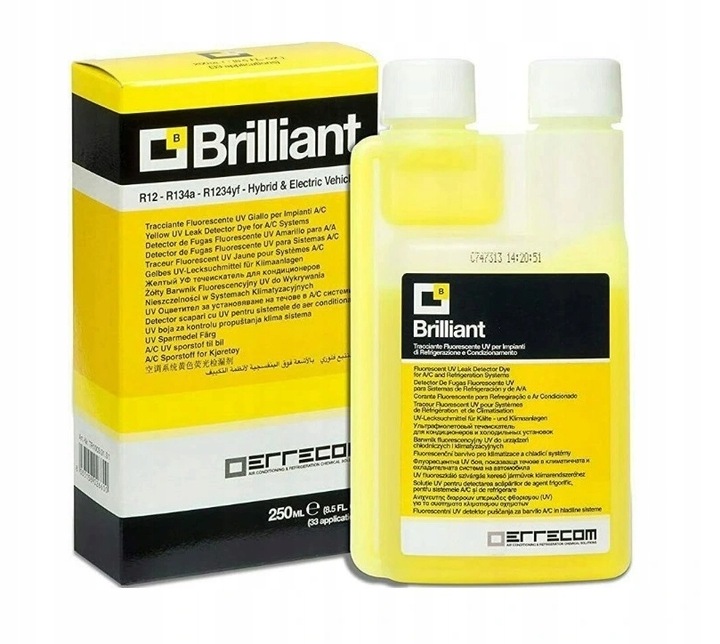Żółty barwnik UV do szukania wycieków w układach klimatyzacji, 250ml