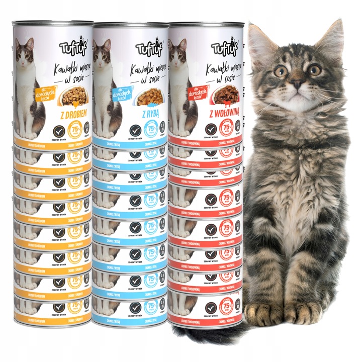 MOKRA KARMA DLA KOTA 24x415g 75% MIĘSA W SOSIE TUF TUF PUSZKI MIX Smaków