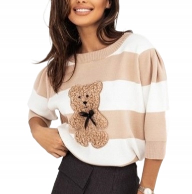 COCOMORE Sweter w Pasy MIŚ Bear Beżowy + Biały + Camel Nowość