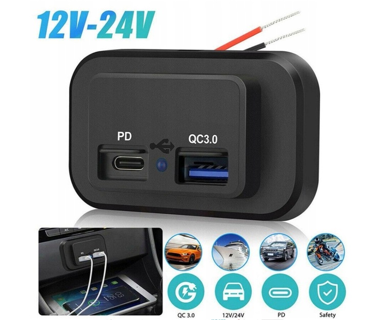 Ładowarka samochodowa do zabudowy 12V USB QC3.0; USB-C PD 3.0