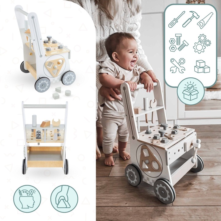 Drewniany Warsztat Dla Dzieci 3w1 Chodzik Pchacz Wózek 47 elementów Solidny