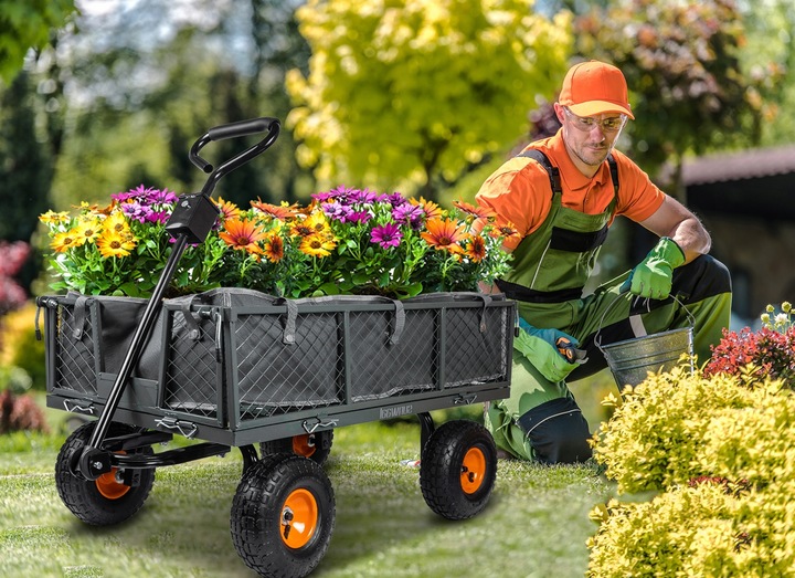 WÓZEK OGRODOWY TRANSPORTOWY PRZYCZEPKA TACZKA KOŁA PLANDEKA DO 400KG 100L
