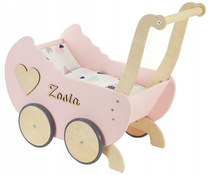 drewniany WÓZEK DLA LALEK + IMIĘ POŚCIEL stopery