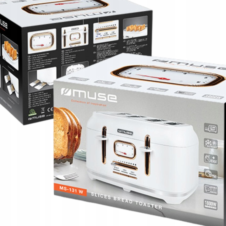 TOSTER OPIEKACZ 4 TOSTY RETRO 1800W NA 4 TOSTY BIAŁY/ZŁOTY MUSE MS-131W