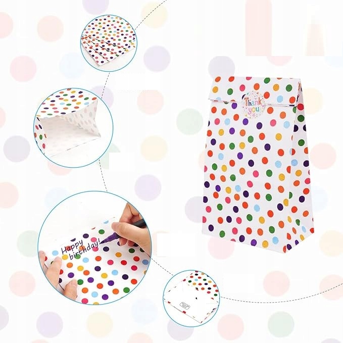 18X PAPIEROWE TOREBKI W KROPKI NA PREZENTY Z NAKLEJKAMI UPOMINKI DLA DZIECI