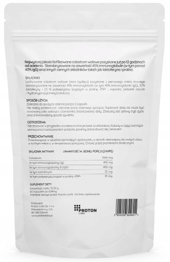 Proton Labs - Colostrum Liofilizowane 45% immunoglobulin 1000 mg | 60 kaps.