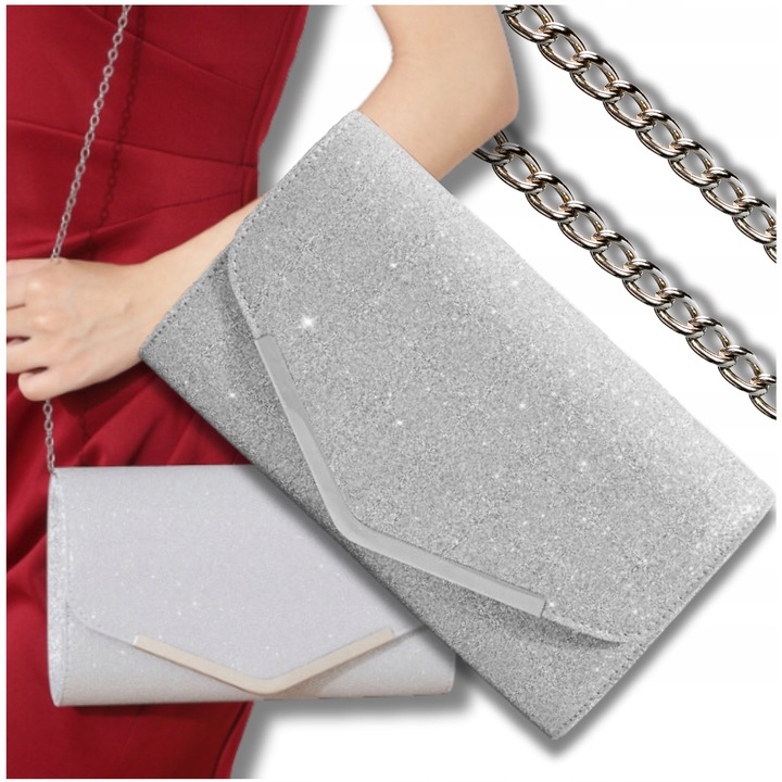 Srebrna Wieczorowa Torebka Kopertówka Błyszcząca na Ślub EFEKTOWNA Wizytowa