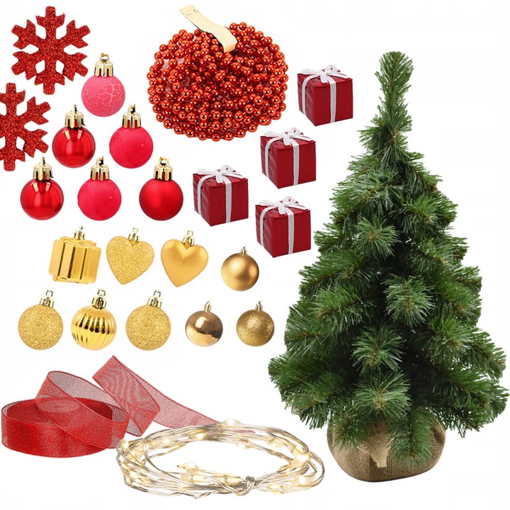 Choinka sztuczna mała ubrana na pniu z jutą i dekoracjami LED 45cm