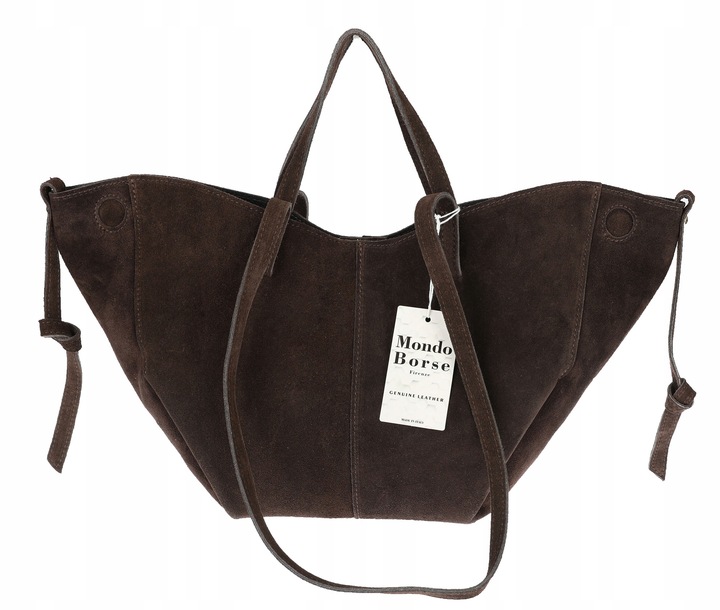 Włoska torebka damska VERA PELLE skórzana zamszowa shopper MB09 Czekoladowa