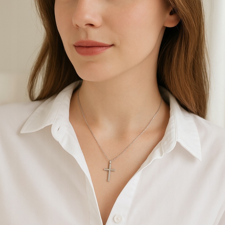 SREBRNY ŁAŃCUSZEK Z KRZYŻYKIEM POLEROWANA STAL CHIRURGICZNA + SZKATUŁKA