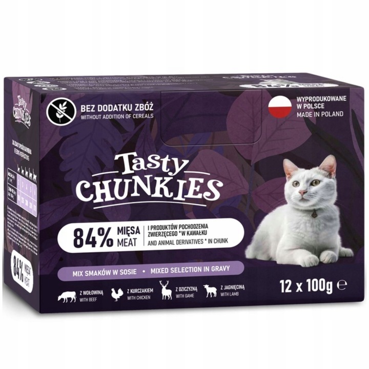 Bezzbożowa Karma dla kota TASTY CHUNKIES MIX SMAKÓW 84% MIĘSA 12+12 GRATIS