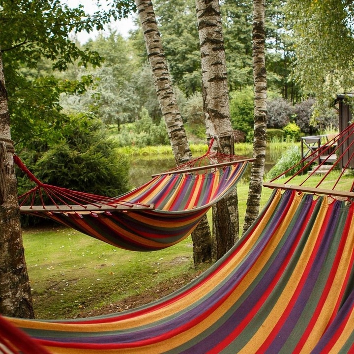 Wiszący Hamak 2-Osobowy Wielokolorowy z Drążkiem Mocny 150 cm Czerwony