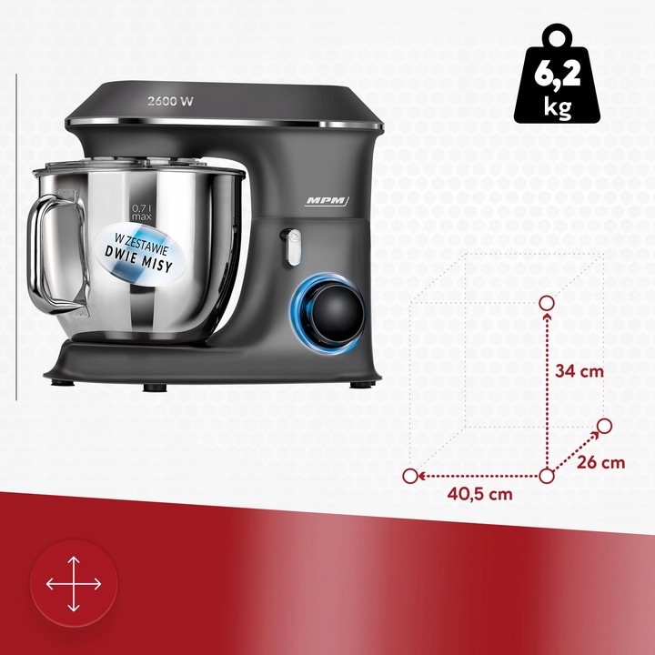 Robot planetarny kuchenny 2 misy w zestawie MPM MRK-20 2600 W