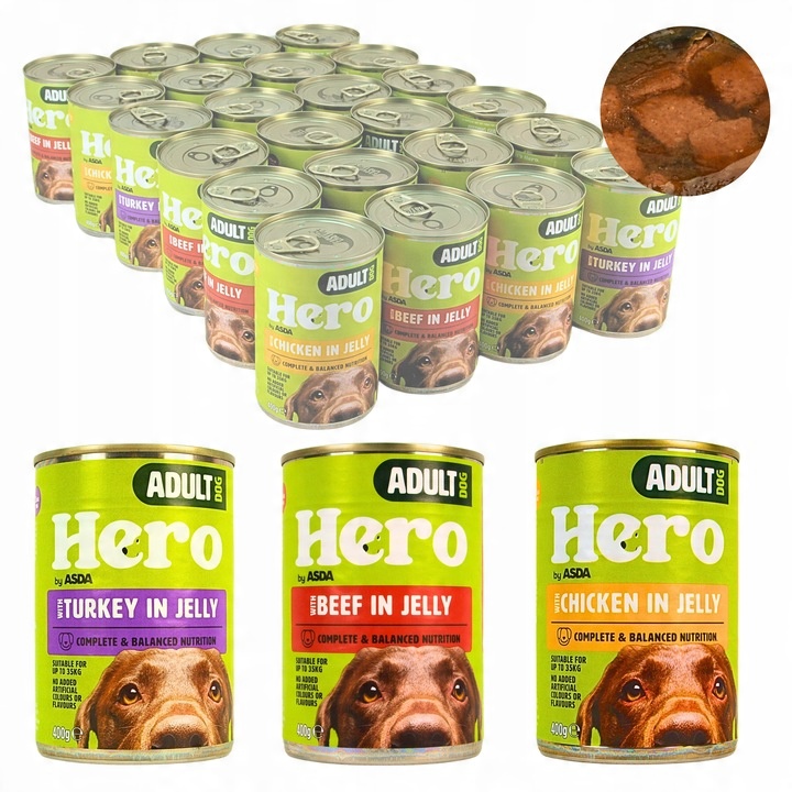 Mokra karma dla psa Hero MIX SMAKÓW kawałki w galaretce 24 x 400g 9,6 kg