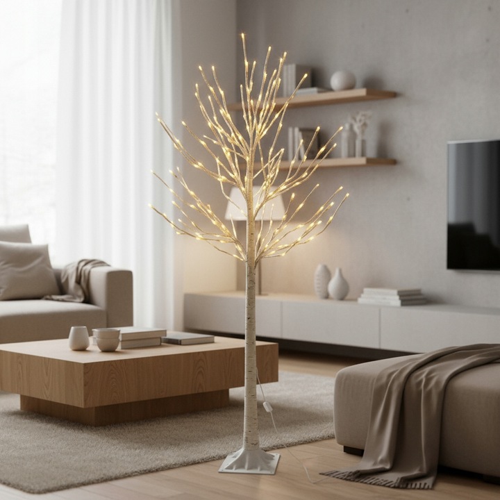 Drzewko Świąteczne Ozdobne Świecące LED BRZOZA 150 cm Lampki Białe Ciepłe