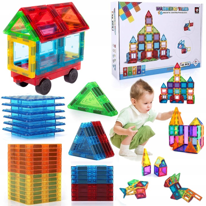 KOLOROWE Klocki Magnetyczne KONSTRUKCYJNE 3D XXL MAGNETIC TILES 45 Eelem.