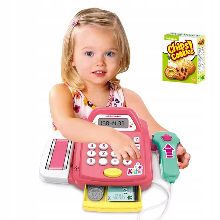 KASA SKLEPOWA FISKALNA SKANER DŹWIĘK KALKULATOR MONETY PIENIĄDZE AKCESORIA