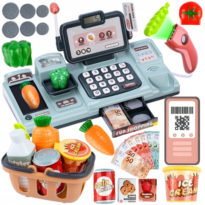 KASA FISKALNA SKLEPOWA INTERAKTYWNA ZAKUPY WAGA SKANER RUCHOMA TAŚMA KOSZYK