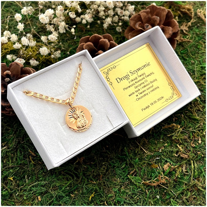 ZŁOTY ŁAŃCUSZEK I MEDALIK DLA CHŁOPCA / PAMIĄTKA CHRZTU KOMUNII + GRAWER