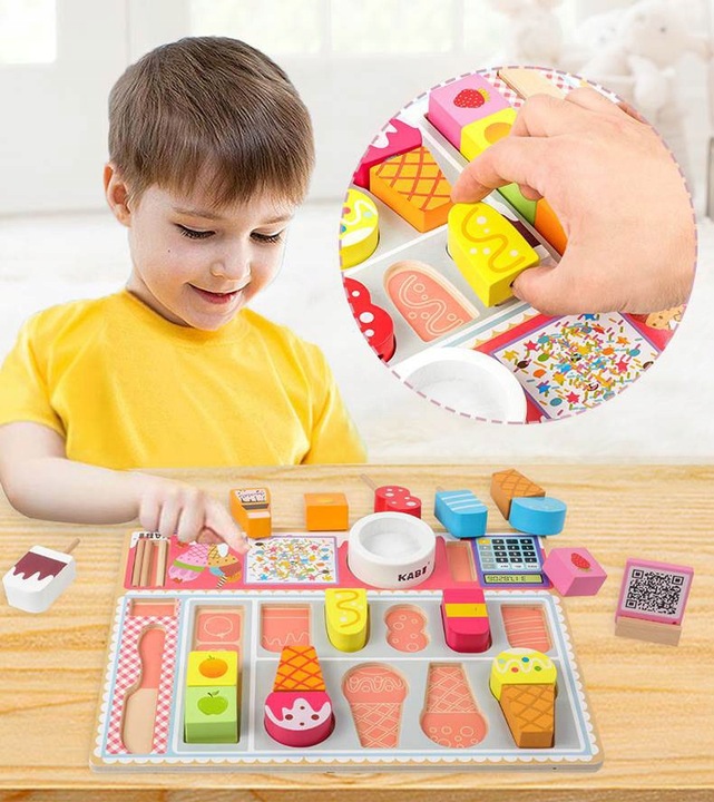 DREWNIANA LODZIARNIA SKLEP STOISKO Z LODAMI GAŁKI LODY NA PATYKU DLA DZIECI