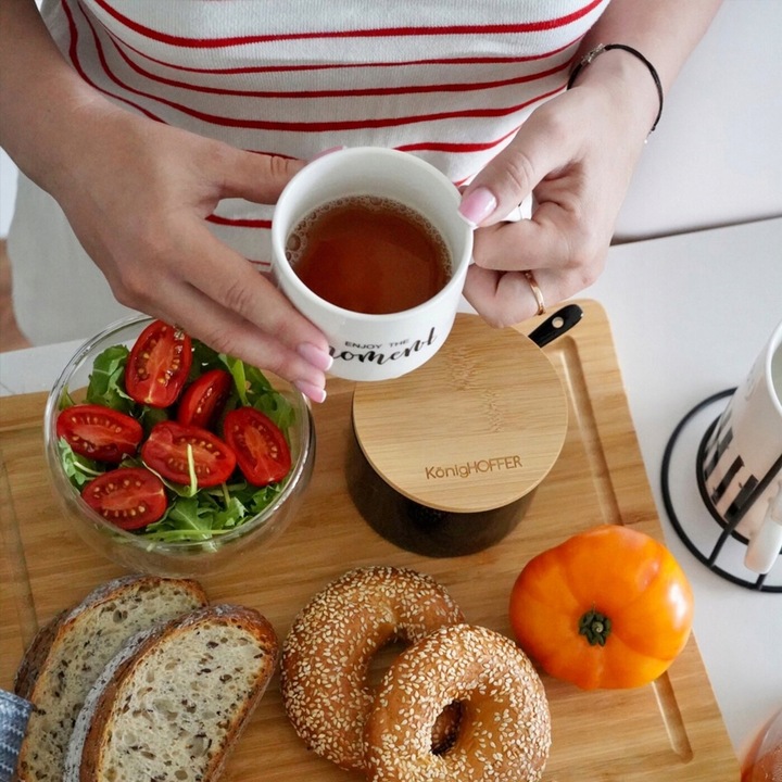 Czarna CUKIERNICA +ŁYŻECZKA pojemnik na CUKIER z bambusową POKRYWKĄ 350ml