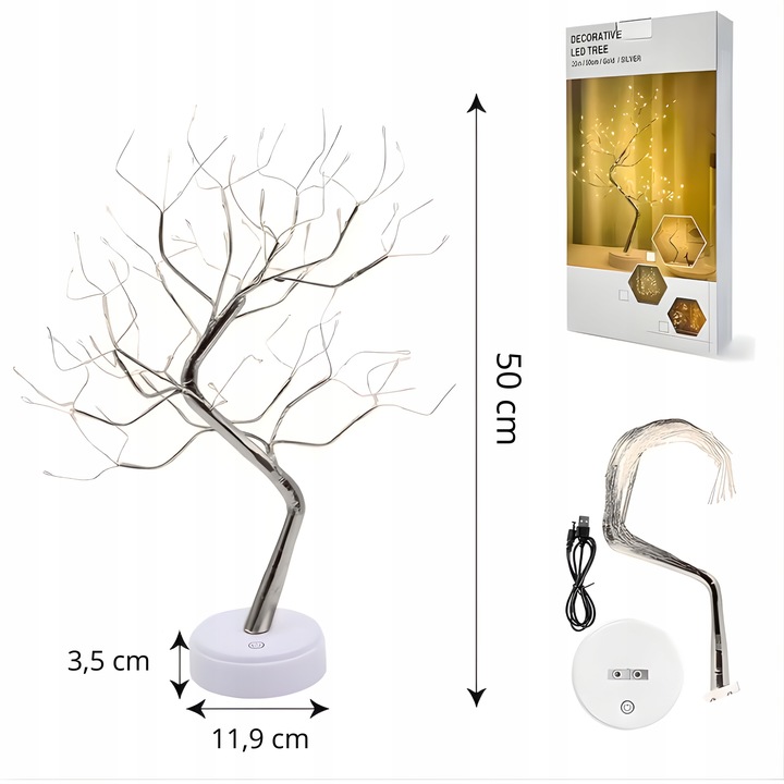 LAMPKA DRZEWKO BONSAI LED 50 CM SREBRNE CHOINKA ŚWIECĄCE USB