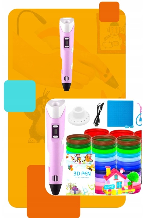 DŁUGOPIS 3D DRUKARKA 3D DLA DZIECI RÓŻOWY + WKŁAD 310m + MATA + SZABLONY