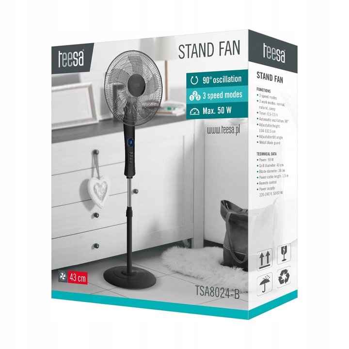 Wentylator podłogowy z sterowany pilotem, stojący TSA8024 czarny