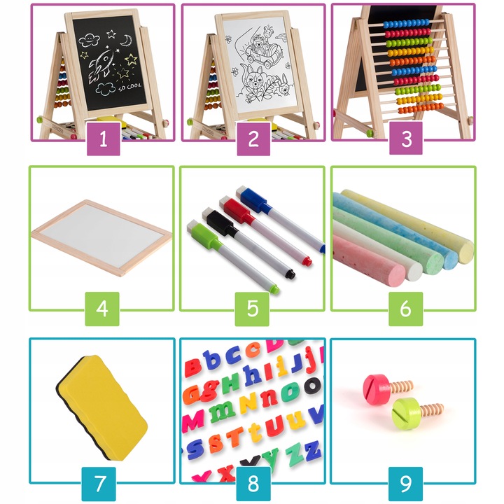 TABLICA DWUSTRONNA Z LICZYDŁEM DLA DZIECI MAGNETYCZNA KREDOWA + AKCESORIA