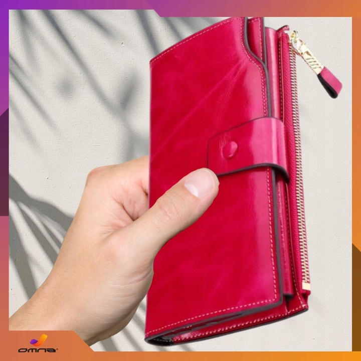 Portfel damski skórzany duży lakierowany pojemny RFID z paskiem czerwony