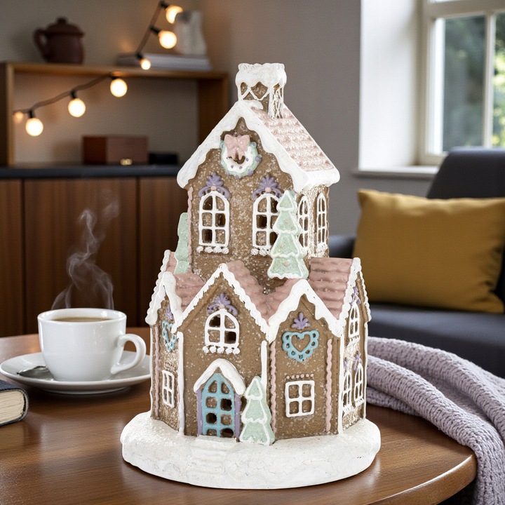 Świąteczny Domek Chatka Gingerbread z PASTELOWY domek LED - 21CM PREZENT