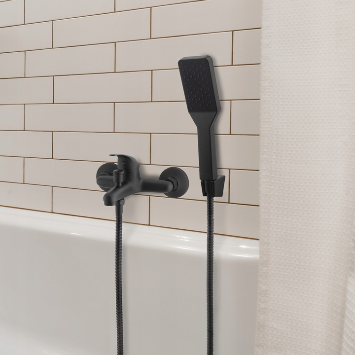 Bateria wannowa ścienna z prysznicem czarna kran do wanny wąż słuchawka
