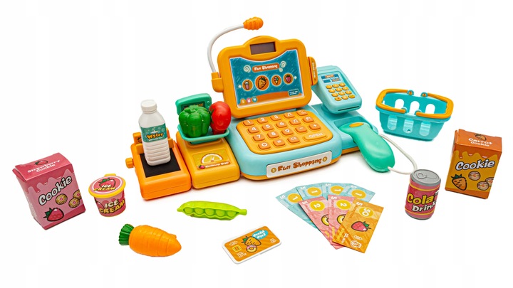 Sklepowa Kasa Fiskalna dla Dzieci ZABAWA w SKLEP Koszyk Waga Czytnik Monety