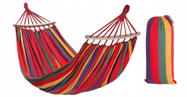 Wiszący Hamak 2-Osobowy Wielokolorowy z Drążkiem Mocny 150 cm Czerwony
