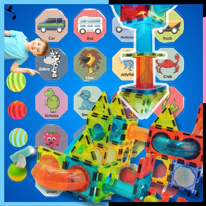 KLOCKI MAGNETYCZNE DUŻE 75 el Konstrukcyjne Świecące Dla Dzieci TOR KULKOWY