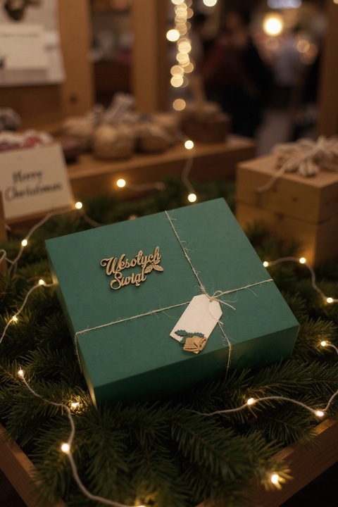 Pudełko prezentowe na prezent Święta zielone napis drewniany wypełnienie