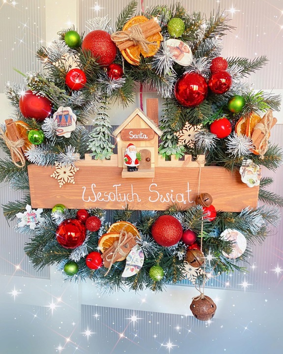 HANDMADE 50 Wianek Mikołaj świąteczny wieniec stroik na drzwi skrzat worek