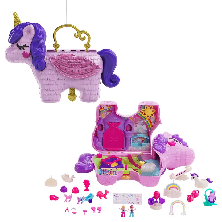 POLLY POCKET JEDNOROŻEC WALIZKA PINIATA UNICORN PARTY ZESTAW FIGURKI GVL88