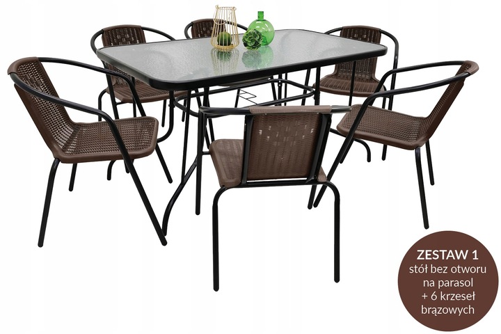 ZESTAW MEBLI OGRODOWYCH NA TARAS STÓŁ 120x70 + 6x KRZESŁA LORETTO BRĄZ MIX